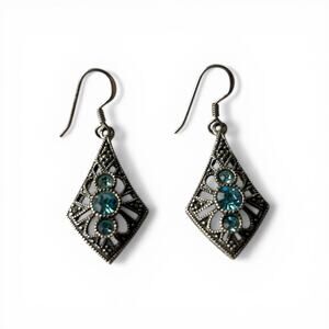 Vintage CW Sterling Silver Marcasite Blue Glass Art Deco Earrings